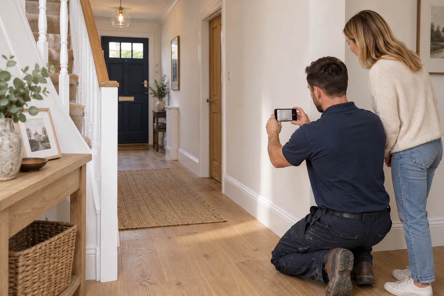 Tradesperson photographing a painted hallway while the homeowner reviews the area